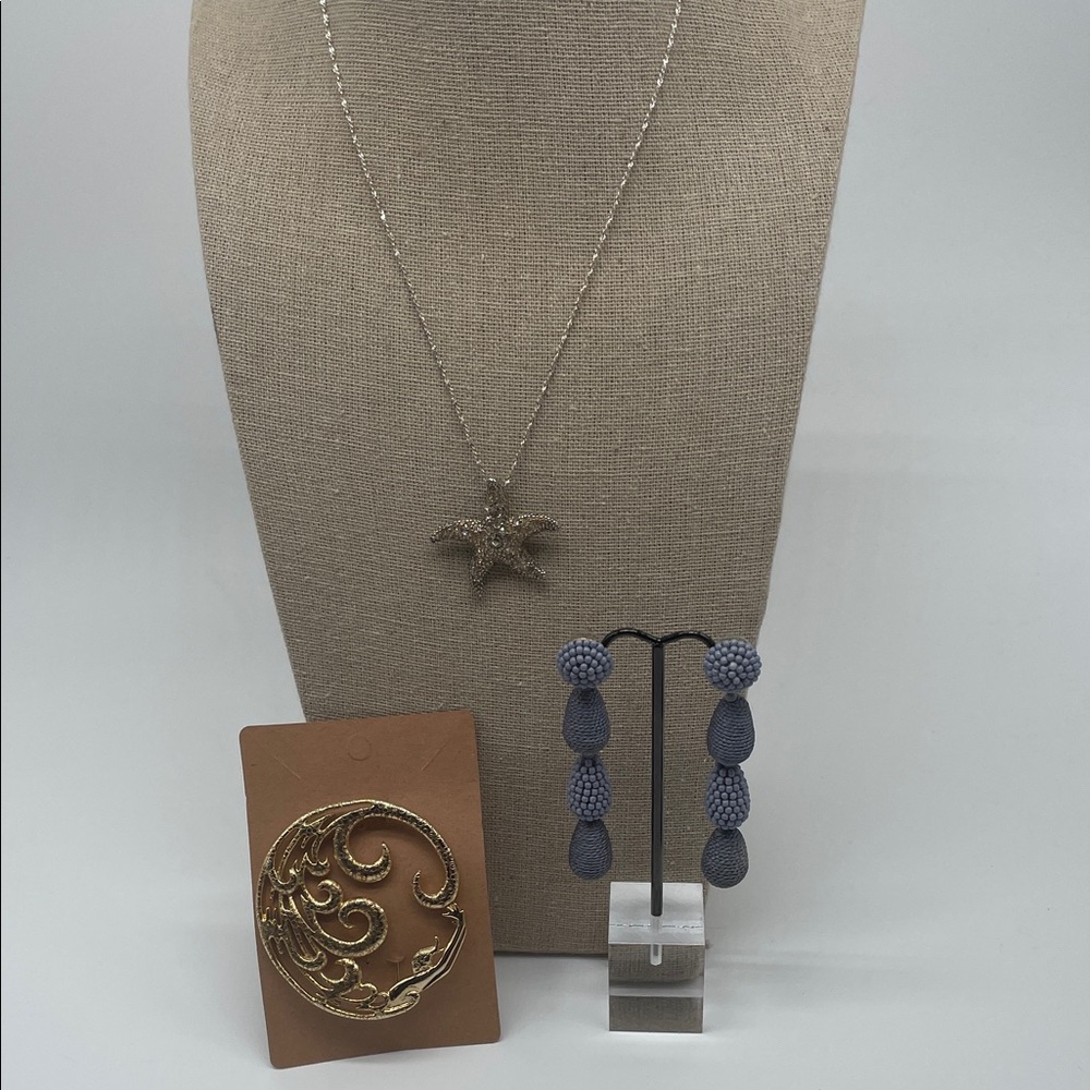 Starfish Pendant Necklace M Jent Brooch and Blue Tassel Earrings Set